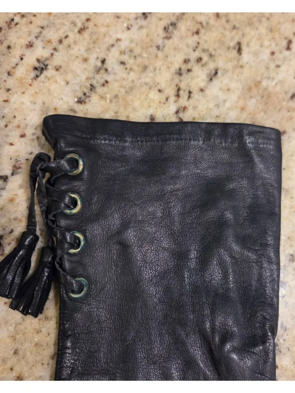 Vintage Womens Size S/M 6.5 Black Leather Gloves Tassle Lace Grommet Biker